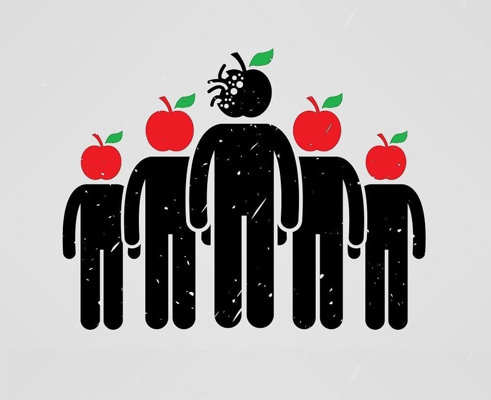 stick figures with apple heads, one rotten apple