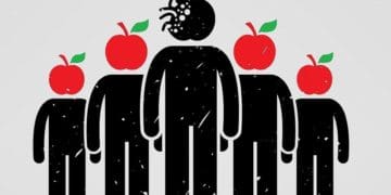 stick figures with apple heads, one rotten apple
