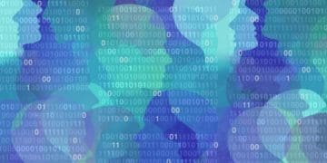 illustration of heads in profile with binary overlay