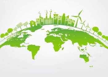 green cityscape on green and white globe