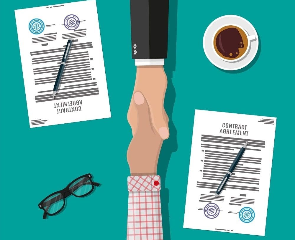 illustration of businessmen shaking hands over contracts