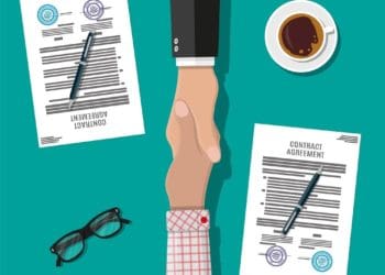 illustration of businessmen shaking hands over contracts