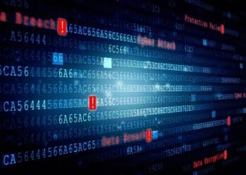 red warning text on blue binary background