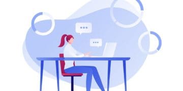 illustration of businesswoman sitting at laptop