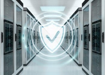 server room with overlay of privacy shield icon