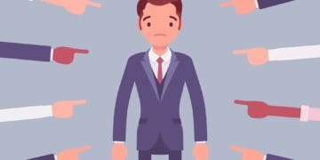 illustration of many hands pointing to businessman looking distressed