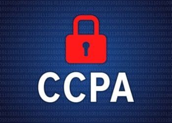 CCPA in white text with red padlock on blue binary background