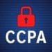 CCPA in white text with red padlock on blue binary background