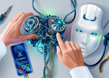 engineer tinkering with robot brain