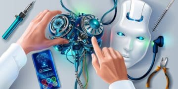 engineer tinkering with robot brain