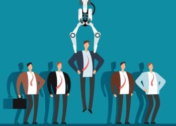 illustration of robotic arm selecting man from row of candidates