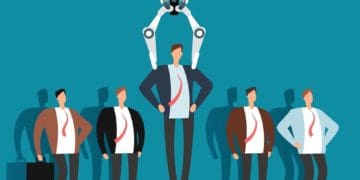 illustration of robotic arm selecting man from row of candidates