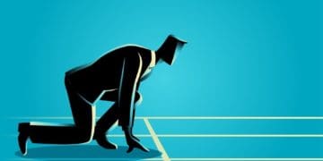 illustration of businessman on track at starting line on blue background