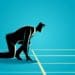 illustration of businessman on track at starting line on blue background