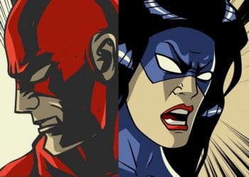 superheros in red and blue facing away from one another