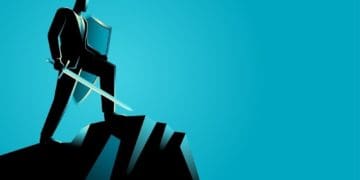 illustration of businessman on mountain peak with sword and shield