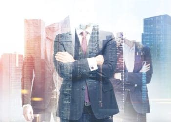 three unrecognizable leaders superimposed over cityscape
