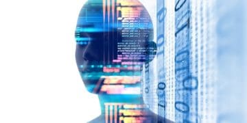 double exposure of android bust over binary code