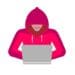 hacker in red hoodie sitting at laptop