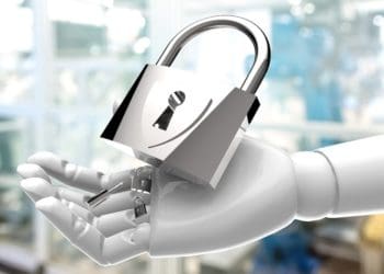 robot hand holding metal padlock and key