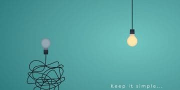 light bulb with tangled cord next to illuminated light bulb with straight cord