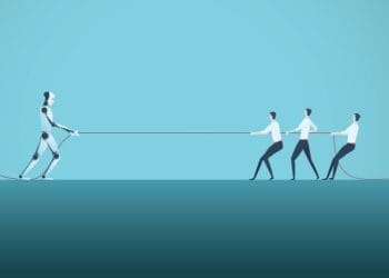 illustration of tug of war between AI robot and three businessmen