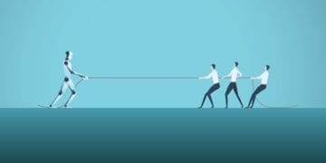 illustration of tug of war between AI robot and three businessmen