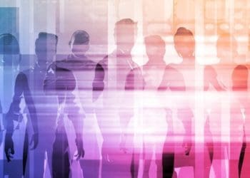 hazy image of businesspeople facing front, concept of future team