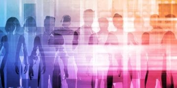 hazy image of businesspeople facing front, concept of future team