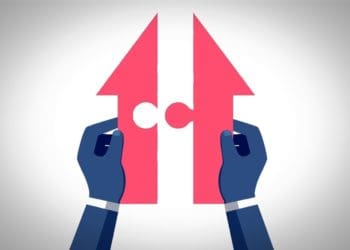 illustration of hands connecting two pieces of an arrow puzzle pointing upward