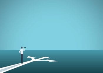 illustration of businessman standing at triple fork in the road