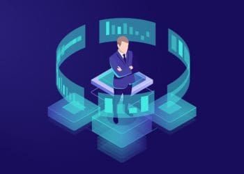 illustration of businessman studying data on virtual screens