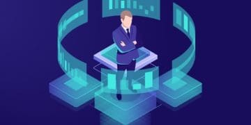 illustration of businessman studying data on virtual screens