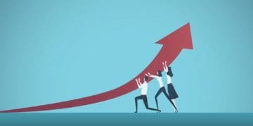 concept of improvement, illustration of business team lifting red arrow into climbing position