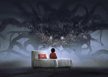 illustration of young boy sitting on bed facing a monster in a nightmare