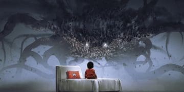 illustration of young boy sitting on bed facing a monster in a nightmare