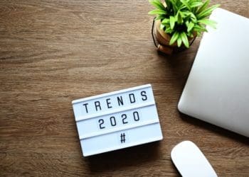 Trends 2020 written on letterbox on wooden desk