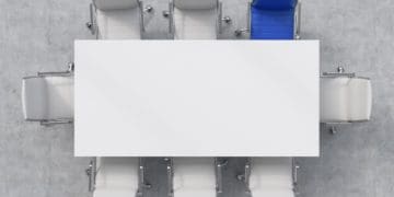 top view of boardroom with one blue chair