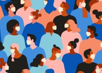 illustration of multiracial group all wearing surgical masks