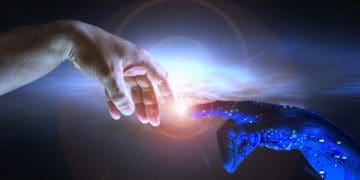 human hand touching robot hand in the style of Michelangelo's The Creation of Adam