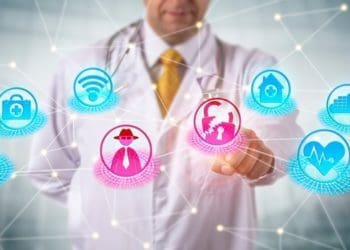 physician in white lab coat selecting broken padlock icon on virtual screen