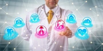 physician in white lab coat selecting broken padlock icon on virtual screen