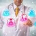 physician in white lab coat selecting broken padlock icon on virtual screen