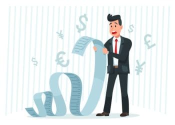 surprised businessman looking at large bill