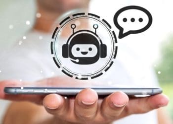 woman holding smartphone with floating chatbot