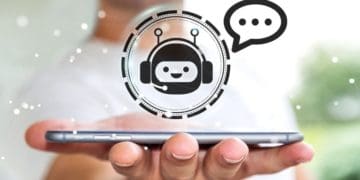 woman holding smartphone with floating chatbot