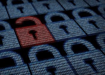 opened red padlock among closed blue padlocks in binary