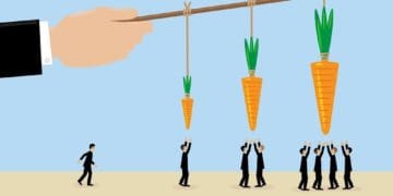 illustration of man holding stick with different sizes of carrots