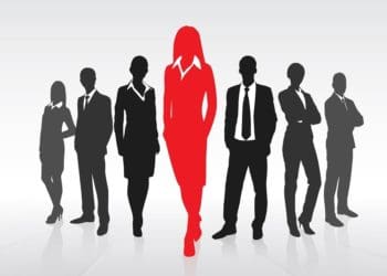 silhouette of businesspeople with center figure in red
