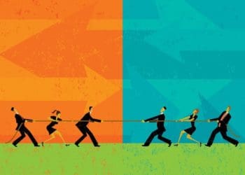 illustration of business teams playing tug of war